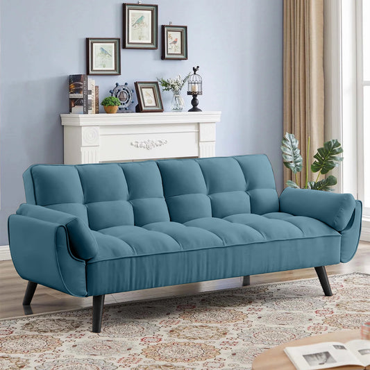 Aukfa 74in Flared Arm Futon Convertible Sofa Bed, Curved Sleeper Sofa for Home Office, Velvet, Blue