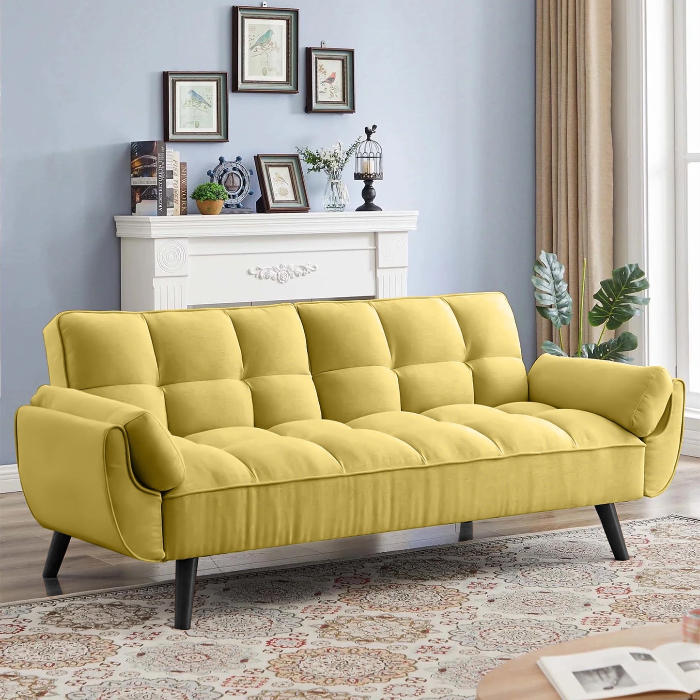 Aukfa 74in Flared Arm Futon Convertible Sofa Bed, Curved Sleeper Sofa for Home Office, Velvet, Yellow