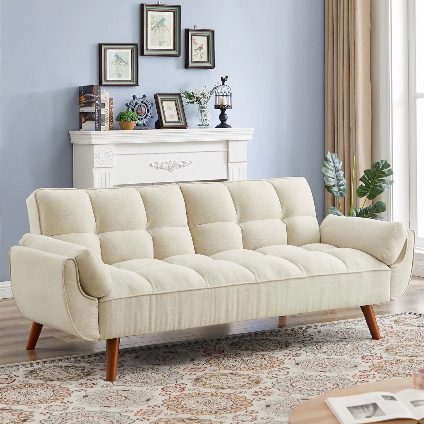 Aukfa 75in Flared Arm Futon Convertible Sofa Bed, Curved Sleeper Sofa for Home Office, Beige