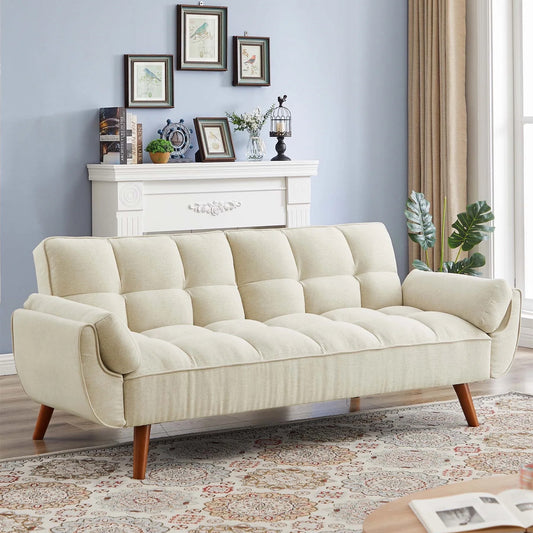 Aukfa 75in Flared Arm Futon Convertible Sofa Bed, Curved Sleeper Sofa for Home Office, Beige