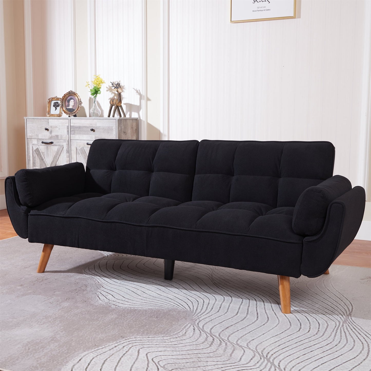 Aukfa 75in Flared Arm Futon Convertible Sofa Bed, Curved Sleeper Sofa for Home Office, Corduroy, Black