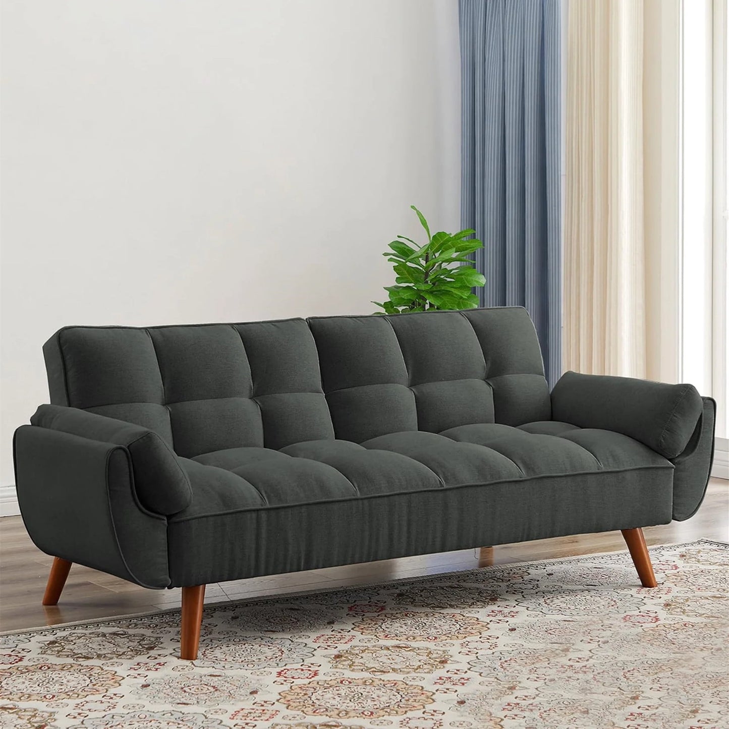Aukfa 75in Flared Arm Futon Convertible Sofa Bed, Curved Sleeper Sofa for Home Office, Dark Gray