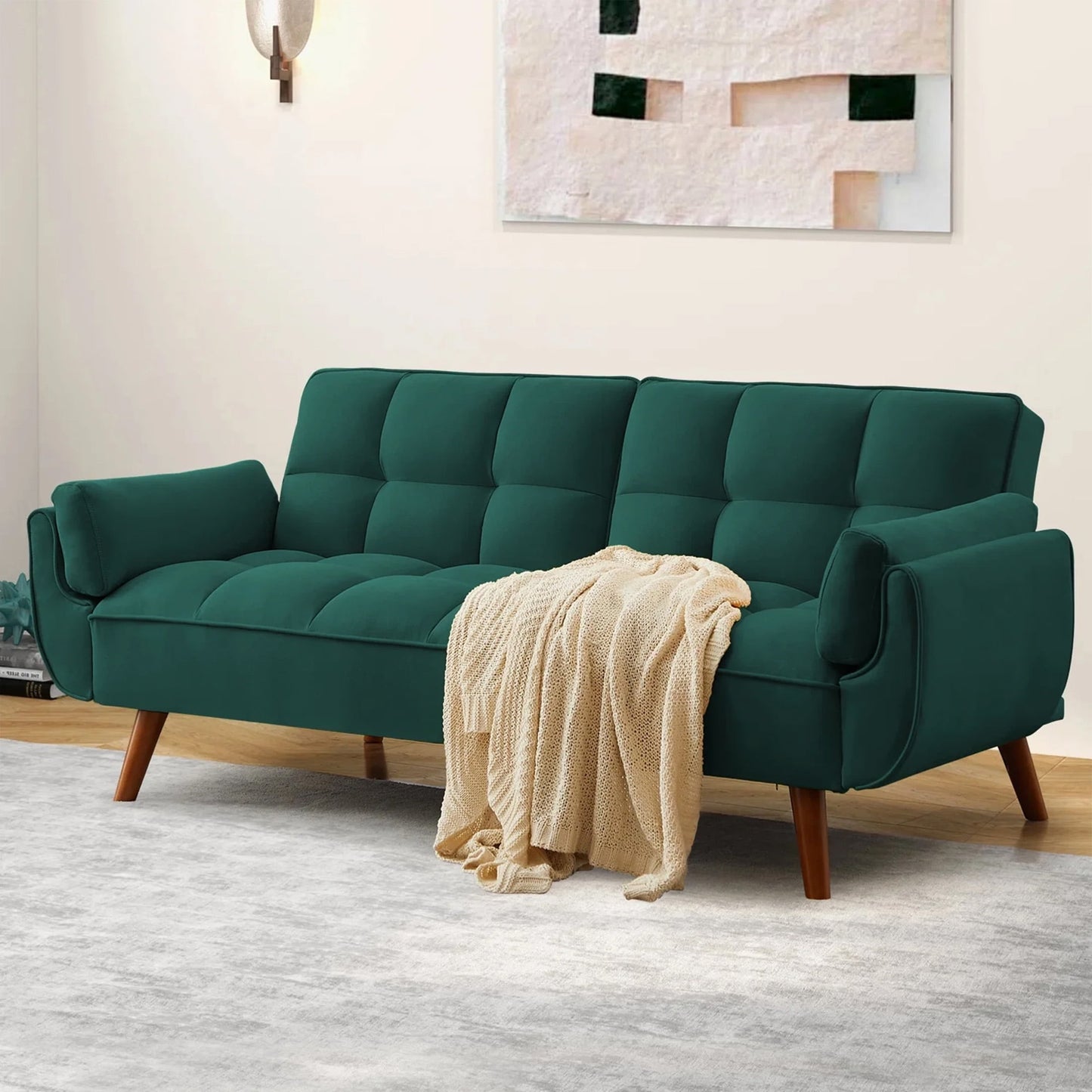 Aukfa 75in Flared Arm Futon Convertible Sofa Bed, Curved Sleeper Sofa for Home Office, Green