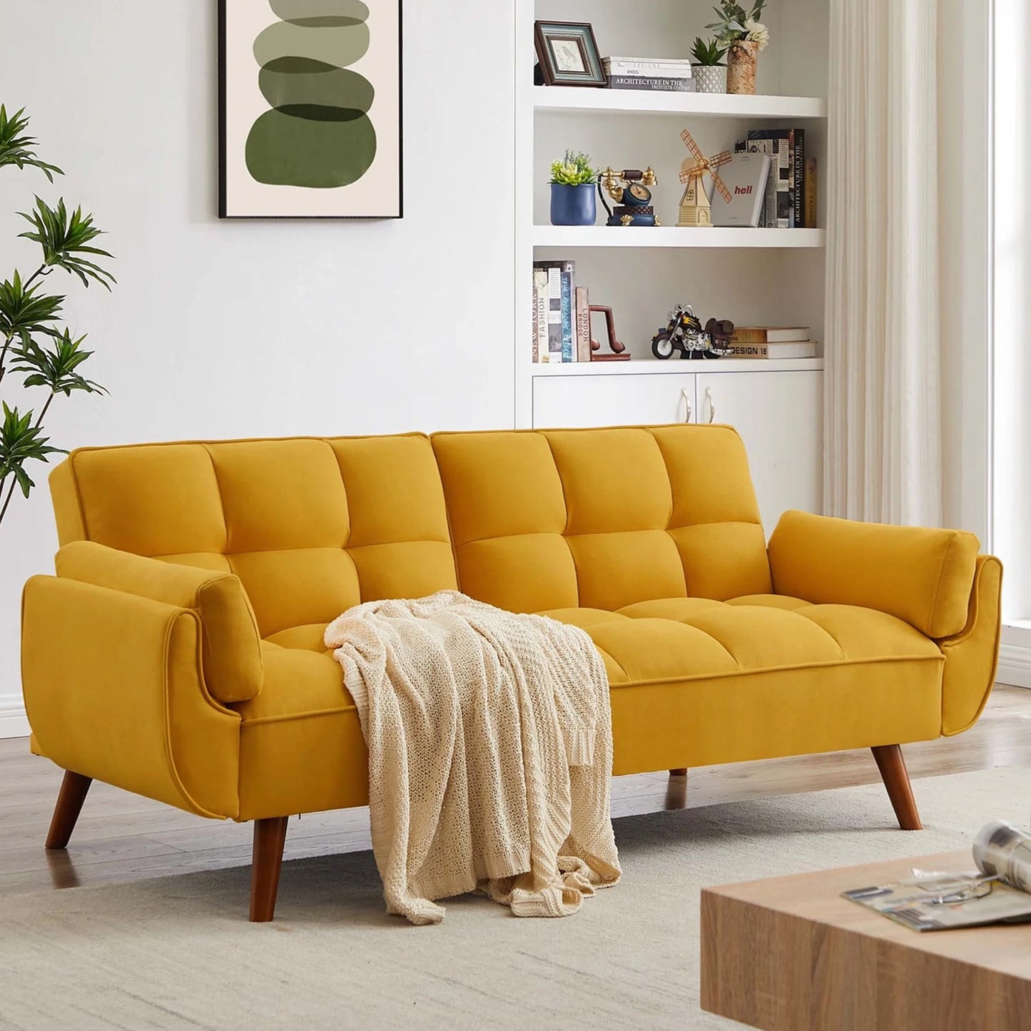 Aukfa 75in Flared Arm Futon Convertible Sofa Bed, Curved Sleeper Sofa for Home Office, Yellow