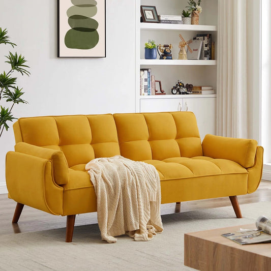 Aukfa 75in Flared Arm Futon Convertible Sofa Bed, Curved Sleeper Sofa for Home Office, Yellow