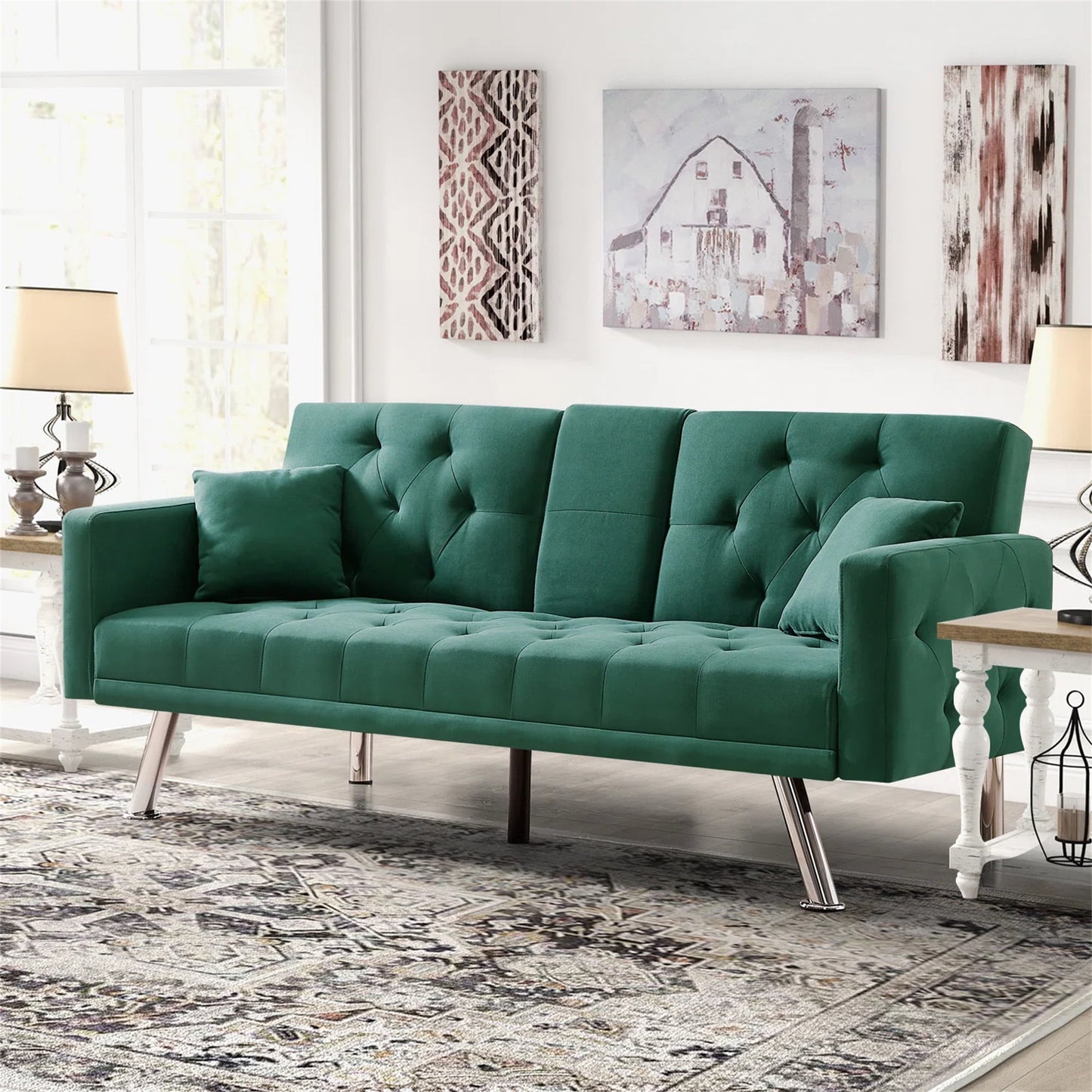 Aukfa 75in Tufted Futon Convertible Sofa Bed, Arm Couch for Home Office, 2 Cup Holders&Pillows, Green