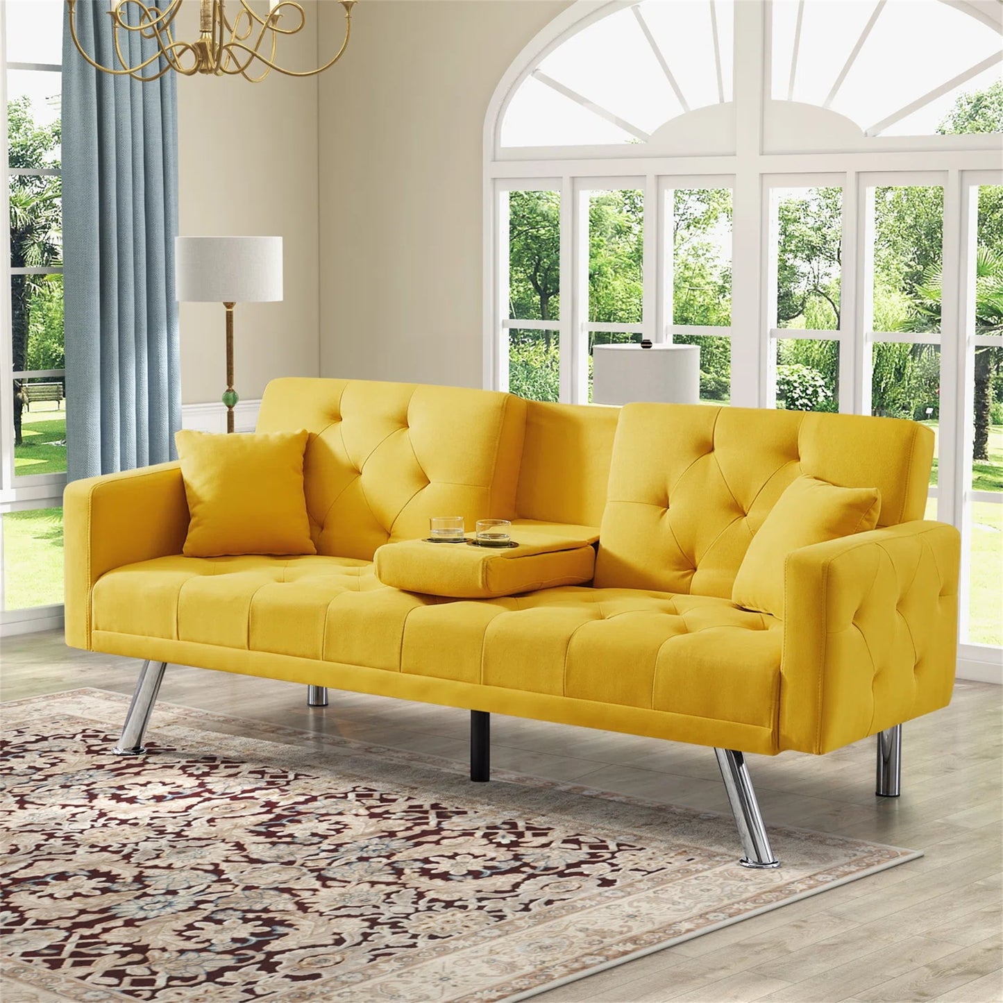 Aukfa 75in Tufted Futon Convertible Sofa Bed, Arm Couch for Home Office, 2 Pillow&Cup Holder, Yellow
