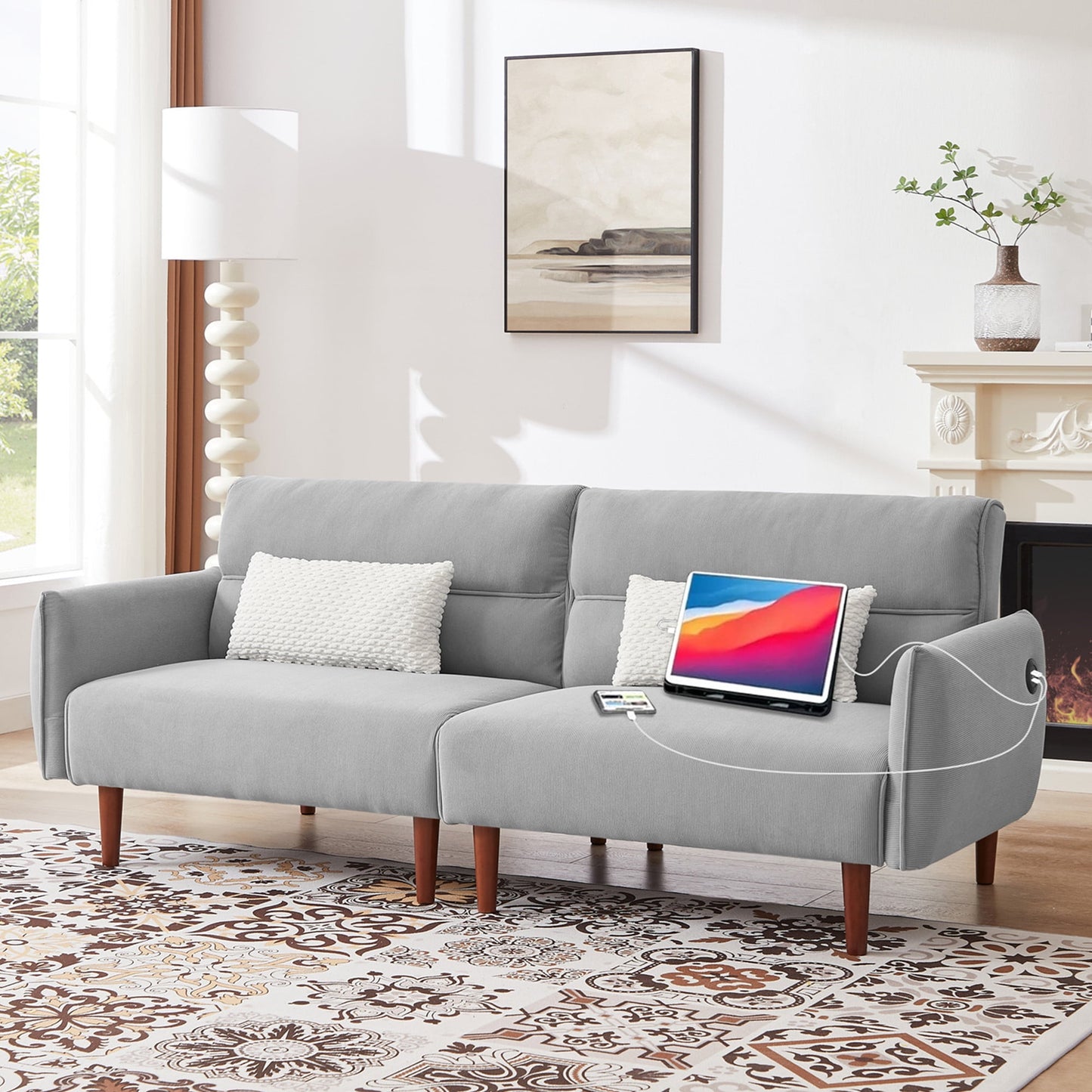 Aukfa 81in Oversized Futon Convertible Sofa Bed with USB Port for Living Room, 2 Pillows, Gray