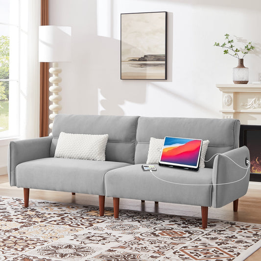 Aukfa 81in Oversized Futon Convertible Sofa Bed with USB Port for Living Room, 2 Pillows, Gray