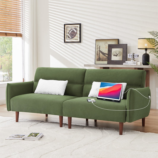 Aukfa 81in Oversized Futon Convertible Sofa Bed with USB Port for Living Room, 2 Pillows, Green