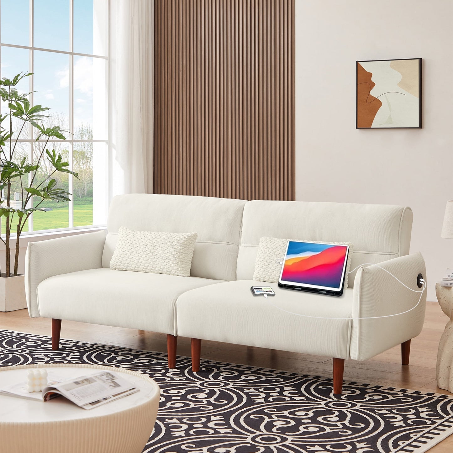 Aukfa 81in Oversized Futon Convertible Sofa Bed with USB Port for Living Room, 2 Pillows, Beige