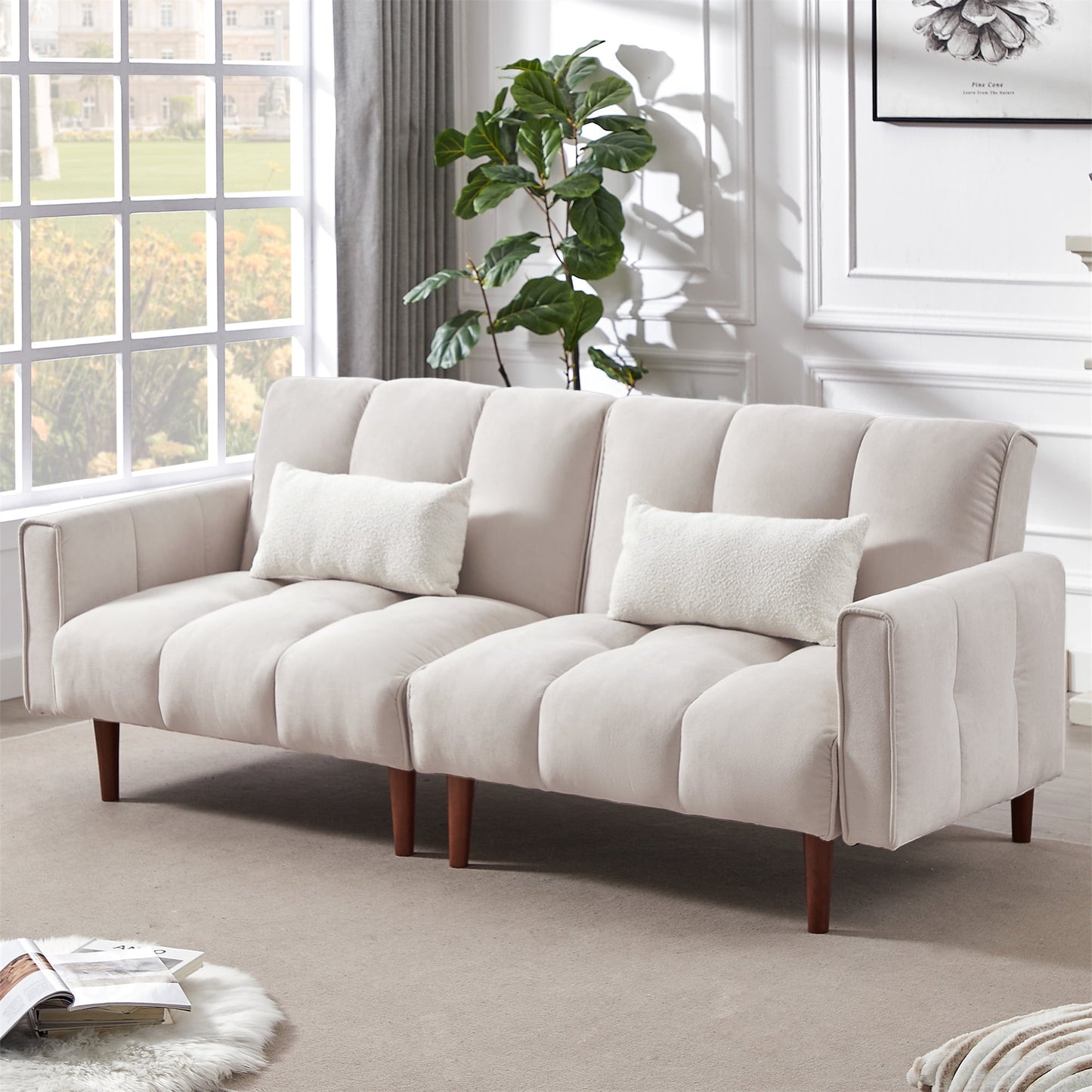 Aukfa 81in Oversized Futon Convertible Sofa Bed, Tufted Couch for Living Room, 2 Pillow, Linen, Beige