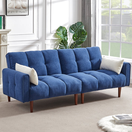 Aukfa 81in Oversized Futon Convertible Sofa Bed, Tufted Couch for Living Room, 2 Pillow, Linen, Blue