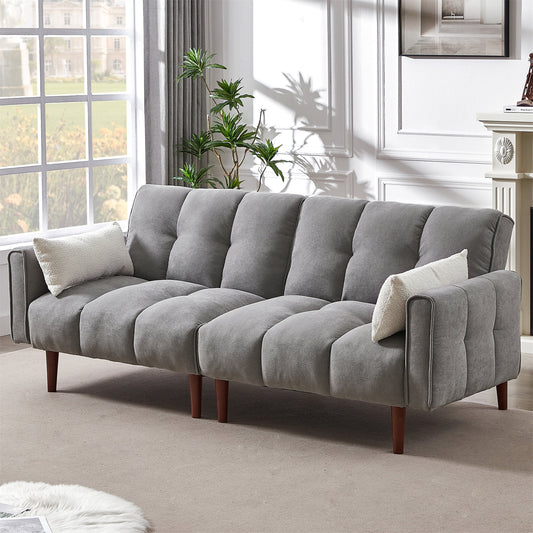 Aukfa 81in Oversized Futon Convertible Sofa Bed, Tufted Couch for Living Room, 2 Pillow, Linen, Gray