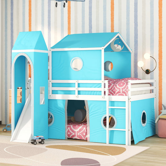 Aukfa Low Loft Bed with Slide - Full Size Castle Bed with Tent for Kids - Blue
