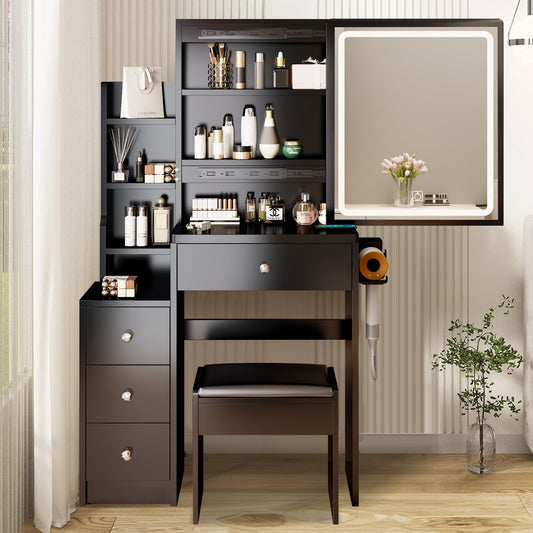 Aukfa Makeup Vanity Set Dressing Vanity Table with Lights Mirror & Power Outlet for Girls - Black