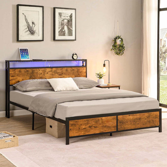 Aukfa Metal Full Size Bed Frame with LED Lights, Headboard Shelf and 2 USB Ports, Black