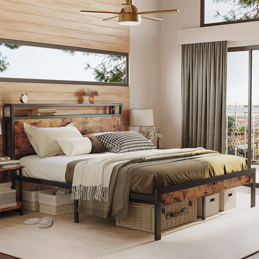 Aukfa Metal Full Size Bed Frame with USB Charge Port, Wood Storage Headboard Shelf, Black