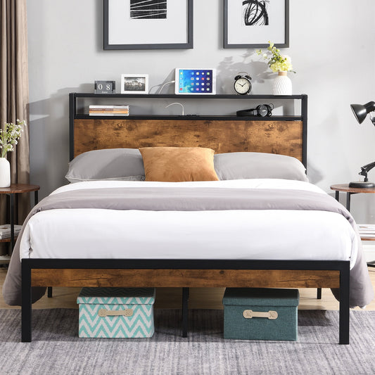 Aukfa Metal King Size Bed Frame with USB Charge Port, Wood Storage Headboard Shelf, Black