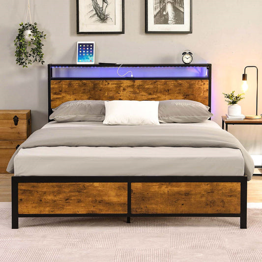 Aukfa Metal Queen Size Bed Frame with LED Lights, Headboard Shelf and 2 USB Ports, Black