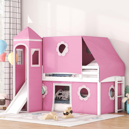 Aukfa Princess Low Loft Bed with Slide - Twin Size Castle Bed with Tent and Tower for Kids - Pink