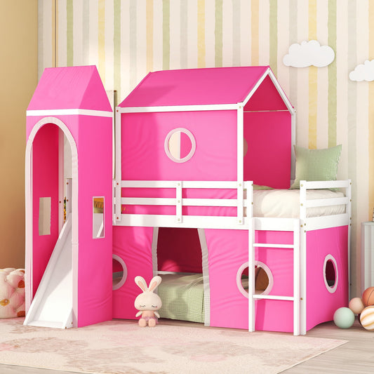 Aukfa Princess Low Loft Bed with Slide - Twin Size Castle Bed with Tent for Kids - Pink