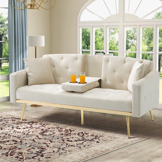 Aukfa Velvet Futon Convertible Sofa Bed for Home Office, 2 Pillows& Cup Holders, Tufted Back, Beige