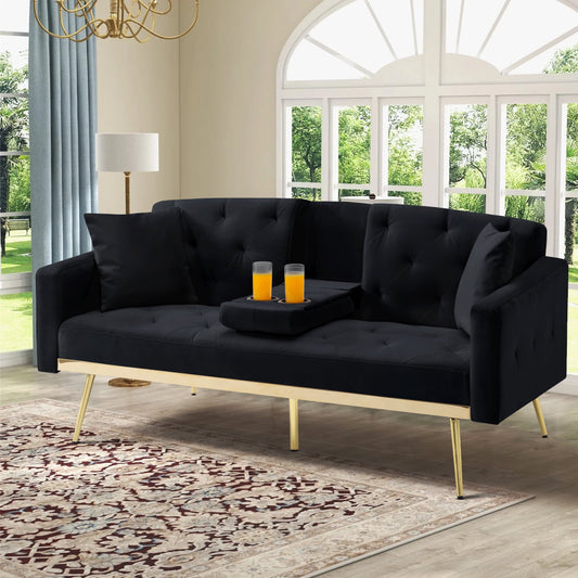 Aukfa Velvet Futon Convertible Sofa Bed for Home Office, 2 Pillows& Cup Holders, Tufted Back, Black