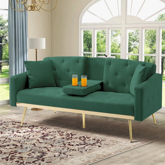 Aukfa Velvet Futon Convertible Sofa Bed for Home Office, 2 Pillows& Cup Holders, Tufted Back, Green