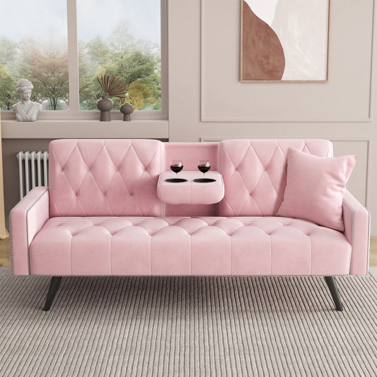 Aukfa Velvet Futon Sofa Bed with Cup Holder & Pillow for Home Office, Nail Head Trim, Pink