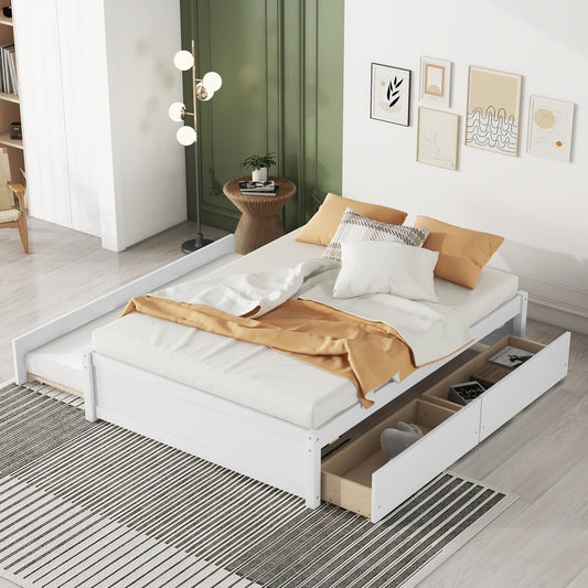 LegaHome Full Bed with Trundle and Storage Drawers, Modern Full Size Solid Wood Platform Bed Frame with Trundle Included, No Box Spring Needed, Daybed Trundle Bed for Kids Teens Adults, White