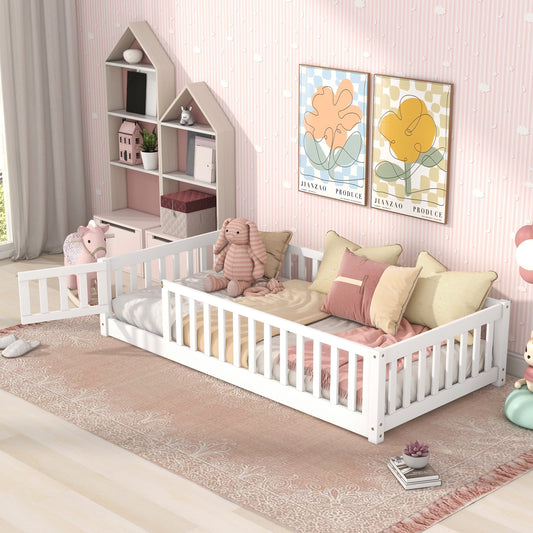 Single Frame Bellemave Low Twin Size Kids Floor Bed, Montessori Style with Fence Railings