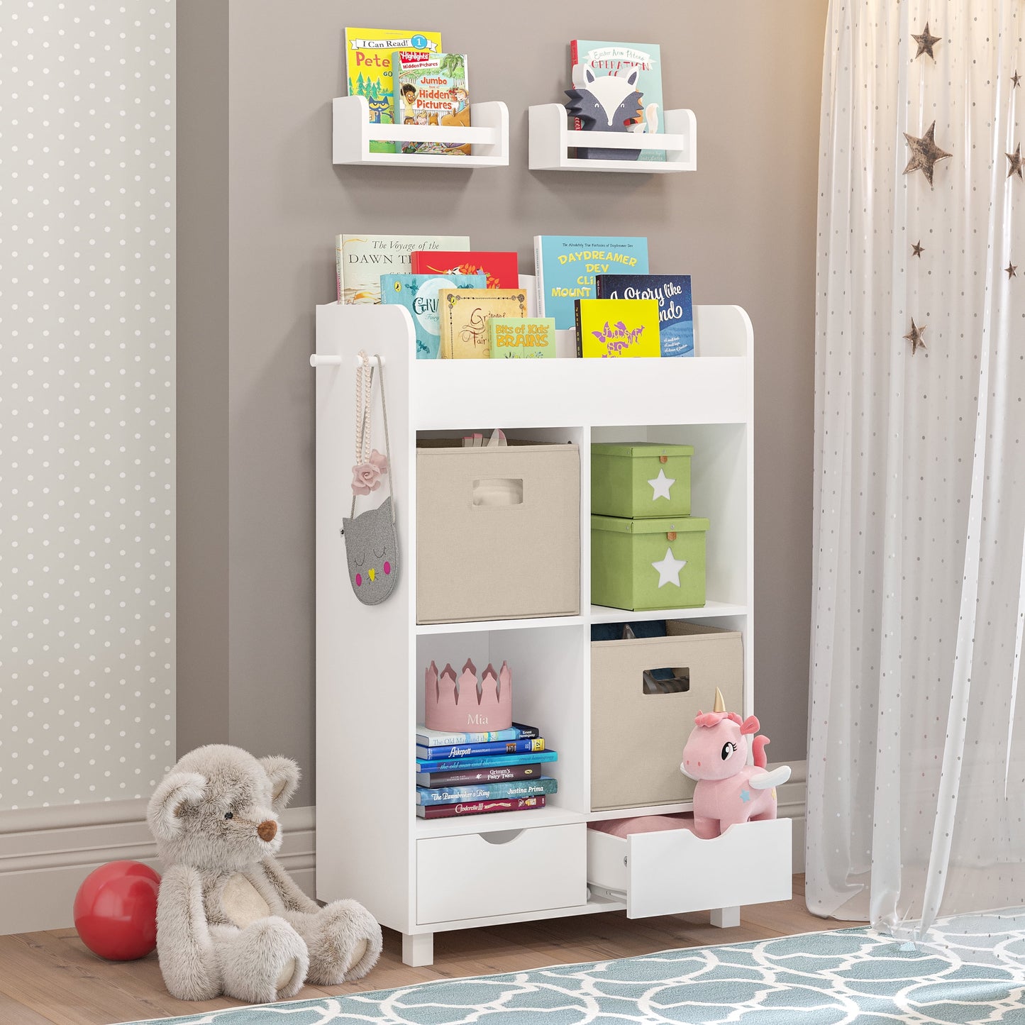RiverRidge Kids Book Nook Cubby Toy and Art Storage Cabinet with Bookshelf, Drawers, and Hooks - White with 2 10in Floating Bookshelves