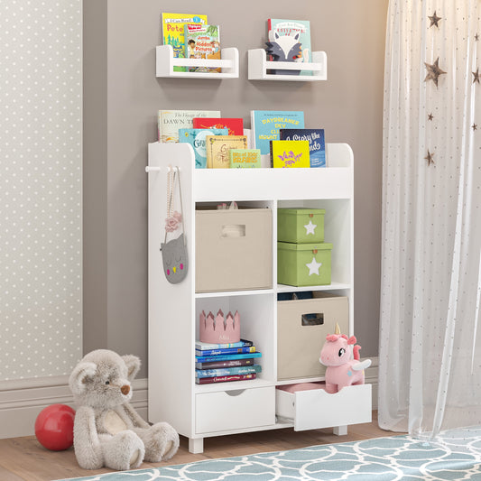 RiverRidge Kids Book Nook Cubby Toy and Art Storage Cabinet with Bookshelf, Drawers, and Hooks - White with 2 10in Floating Bookshelves