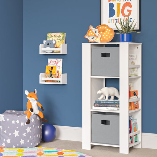 RiverRidge Kids Bookshelf and Toy Organizer Tower with 3 Cubbies and 6 Bookracks for Playroom, Nursery, and Reading Nook and 2 10in Floating Bookshelves - White