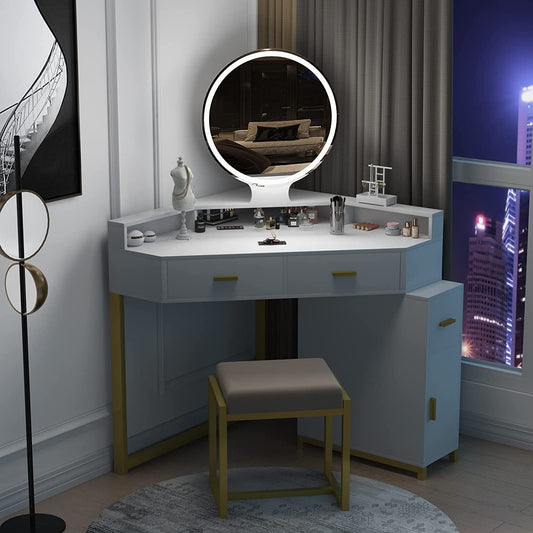 Smart Storage Corner Vanity Set with Lighted Mirror and Large Cosmetic Drawers by TZUTOGETHER