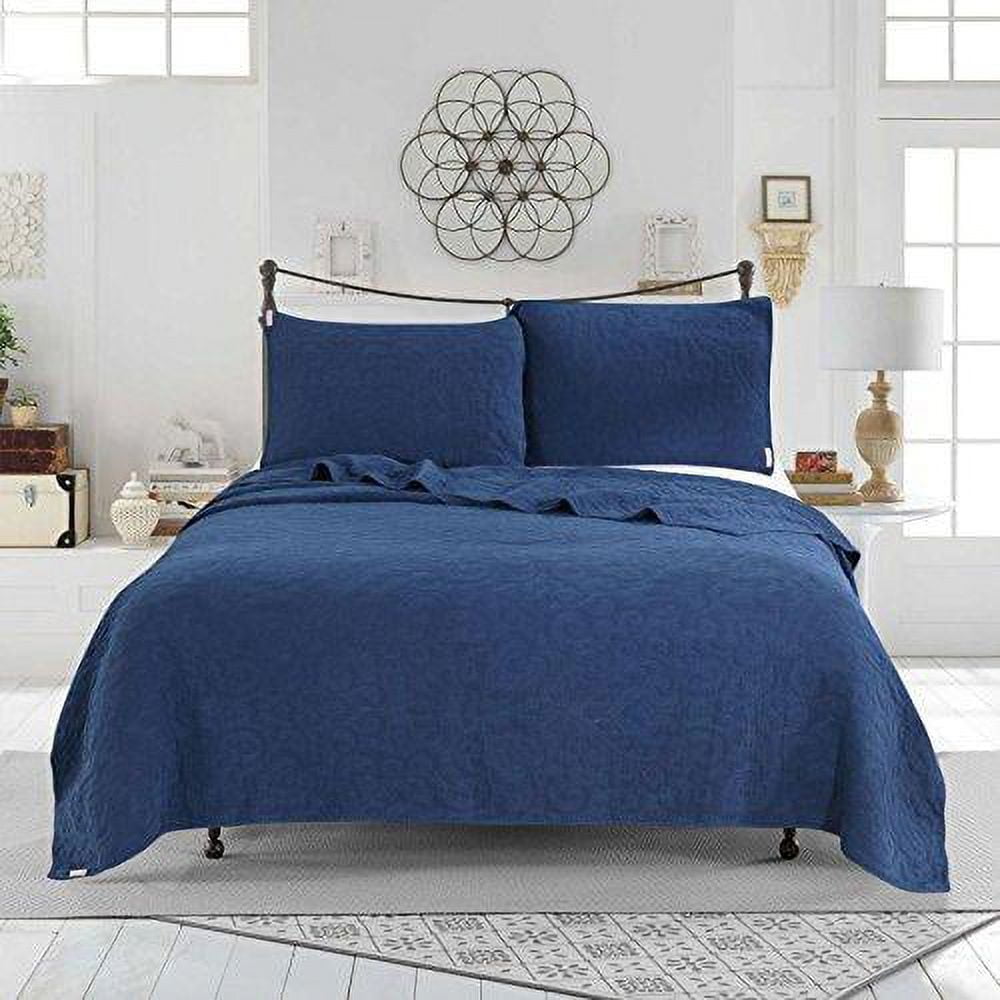 Kasentex 3-Piece Stone Washed Quilt Set Soft Cotton Reversible Bedspread Coverlet Set Navy King