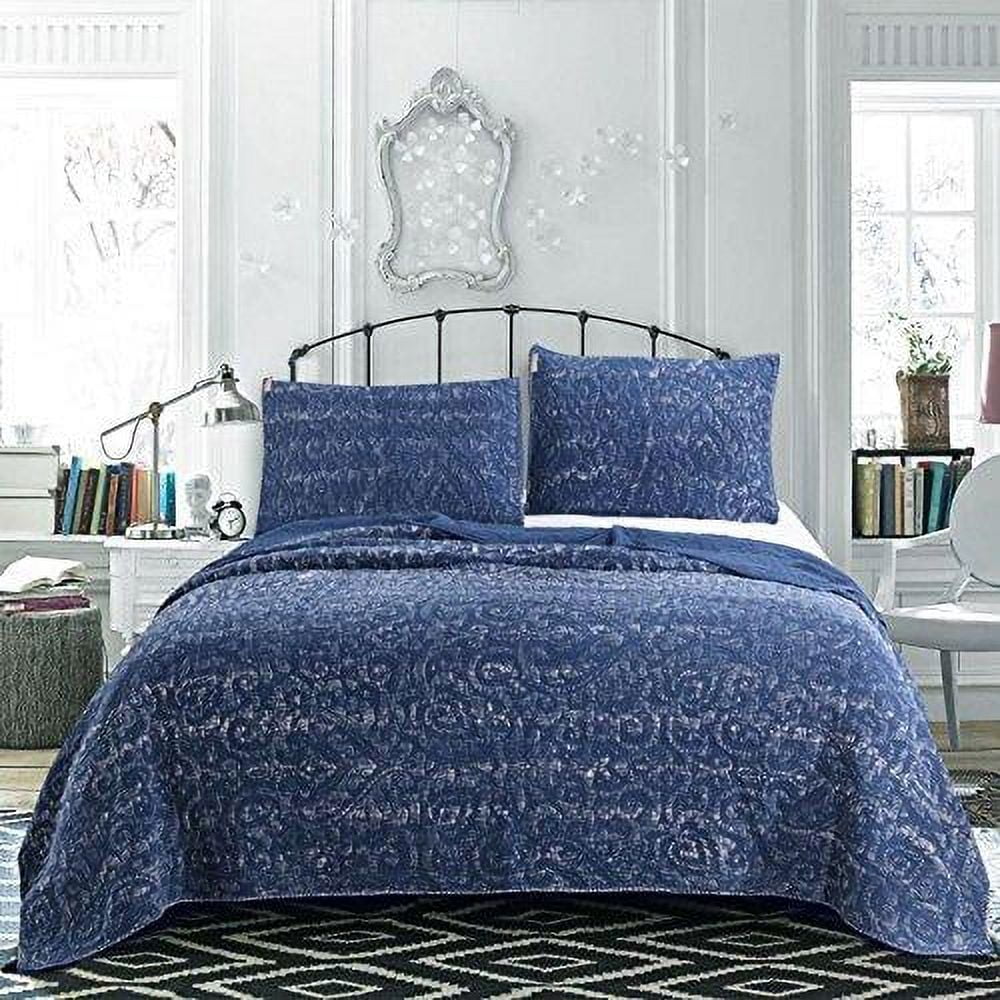 Kasentex 3-Piece Stone Washed Quilt Set Soft Cotton Reversible Bedspread Coverlet Set Navy King