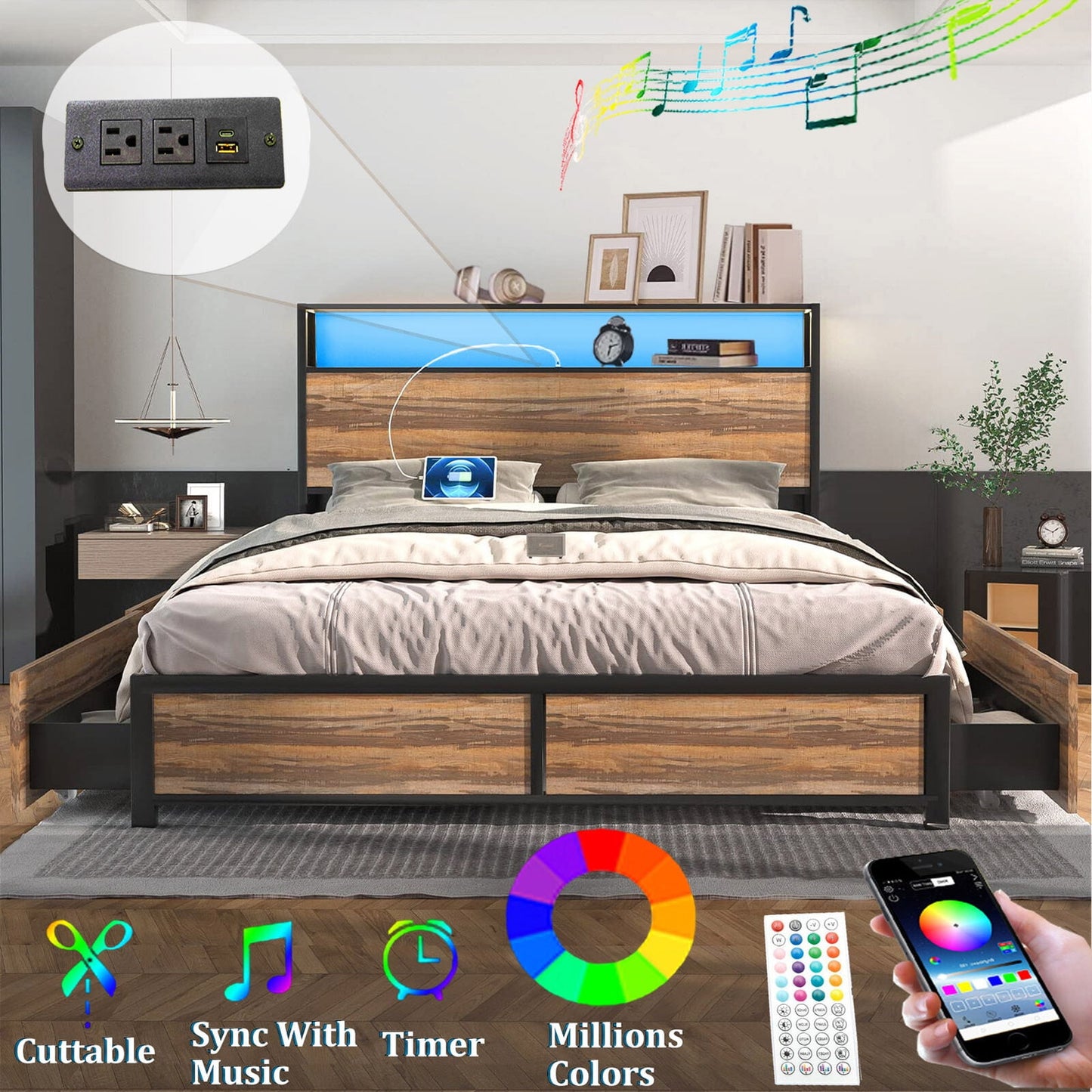 LED Bed Frame with Charging Station, Adjustable Size, Multi-Color Lights & Ample Storage