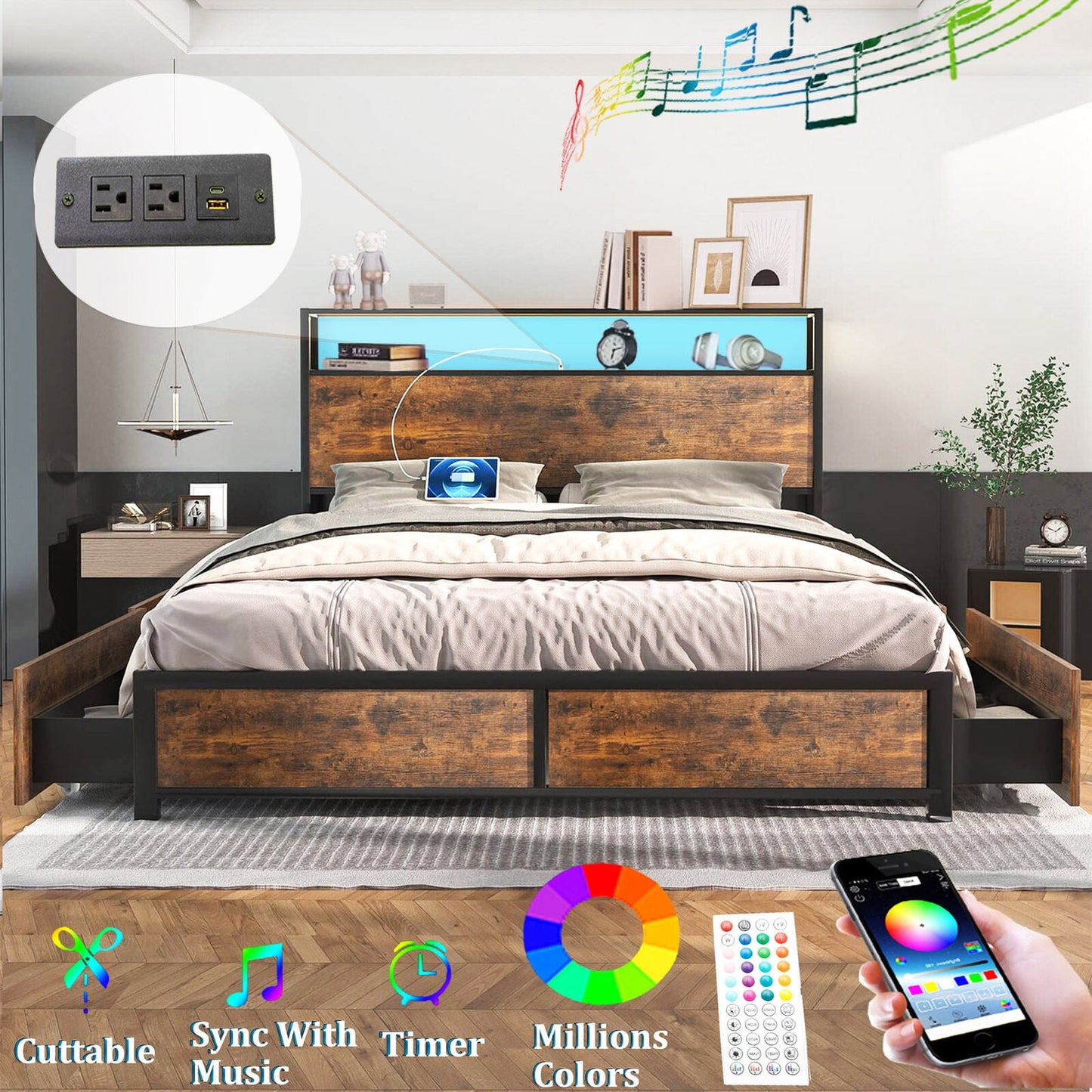 LED Bed Frame with Charging Station, Adjustable Size, Multi-Color Lights & Ample Storage