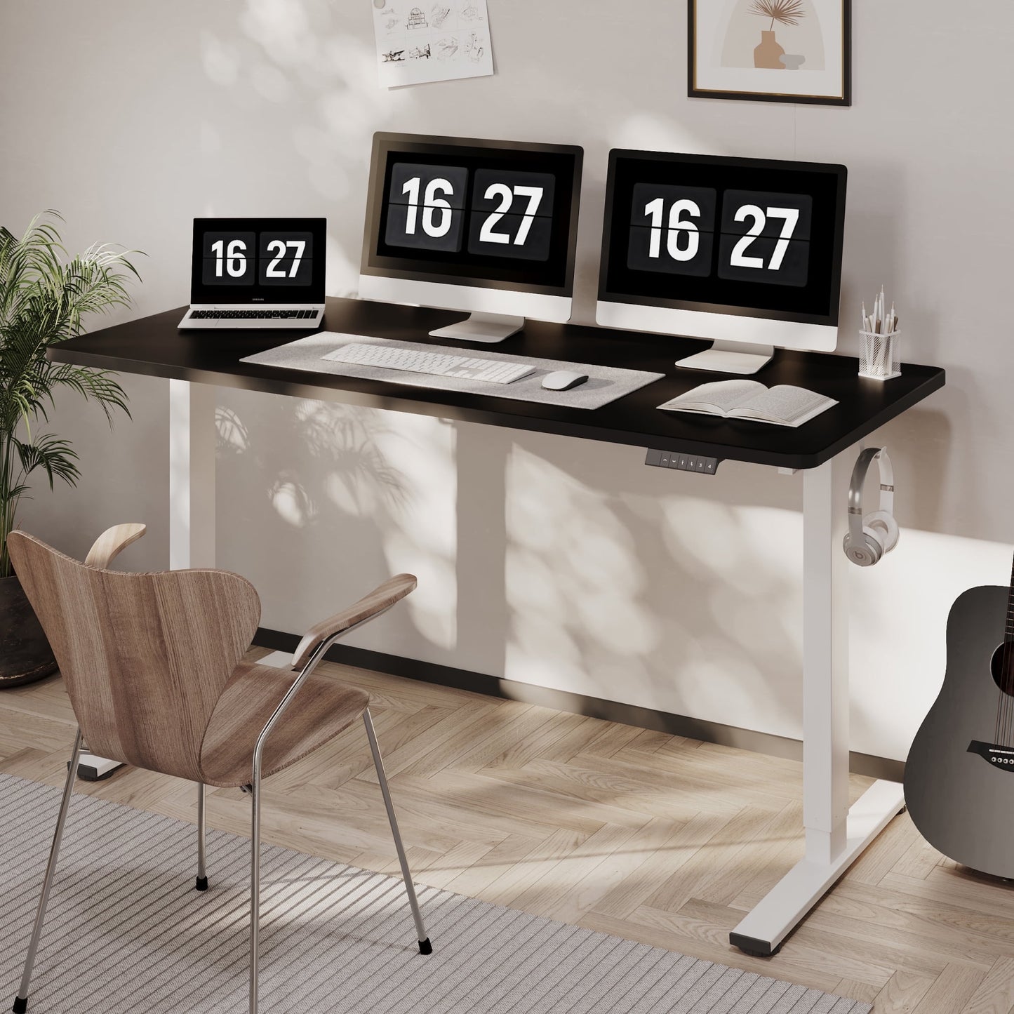 ACTIVESIT 55in x28in Home Office Height Adjustable Standing Desk with Hooks, Ergonomic Electric 2-Stage Stand Up Computer Desk, White and Black