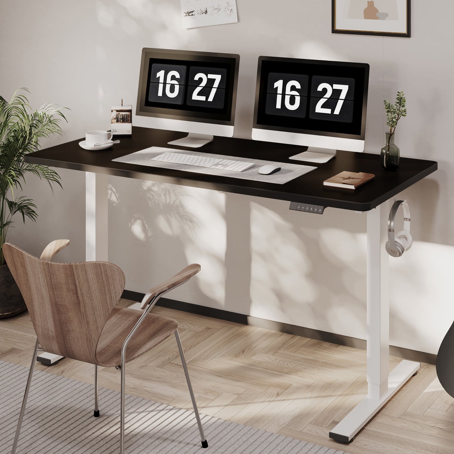 ACTIVESIT 55in x28in Home Office Height Adjustable Standing Desk with Hooks, Ergonomic Electric 2-Stage Stand Up Computer Desk, White and Black