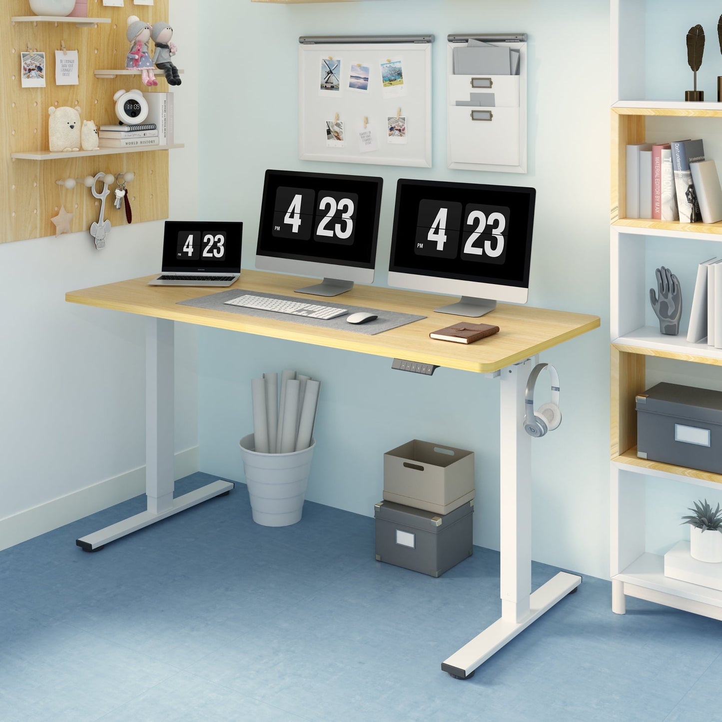 ACTIVESIT 60in x24in Home Office Height Adjustable Standing Desk with Hooks, Ergonomic Electric 2-Stage Stand Up Computer Desk, White and Maple