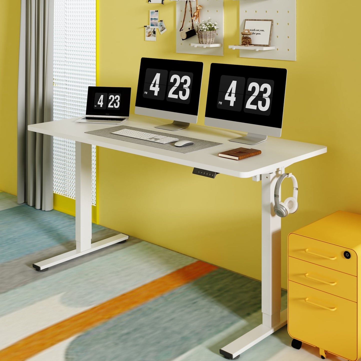 ACTIVESIT 60in x24in Home Office Height Adjustable Standing Desk with Hooks, Ergonomic Electric 2-Stage Stand Up Computer Desk, White and Maple