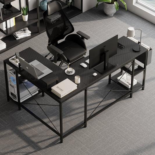 GIKPAL 59 Inch L Shaped Desk, Reversible Computer Desk with Monitor Stand, Home Office Desk with 3 Shelves and Storage Shelf, Corner Desk, Carbon Black
