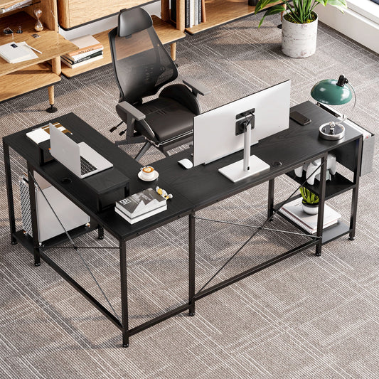 GIKPAL L-Shaped Desk 80.2 Inch, Reversible Computer Desk with Monitor Shelf, 3 Shelves, Hooks and Storage Bag, Black