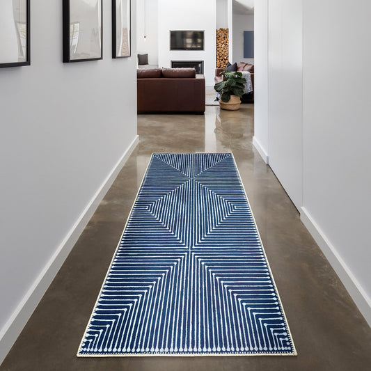 GLN Rugs Assos - Machine Washable Area Rug - 2'6in x10' Turkish Modern Rug Blue