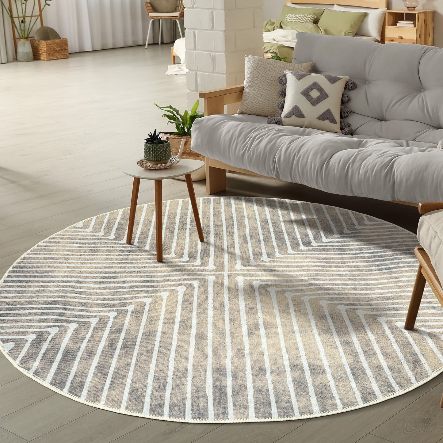 GLN Rugs Ephesus - Machine Washable Area Rug - 5' Round Turkish Modern Rug Beige/Gray