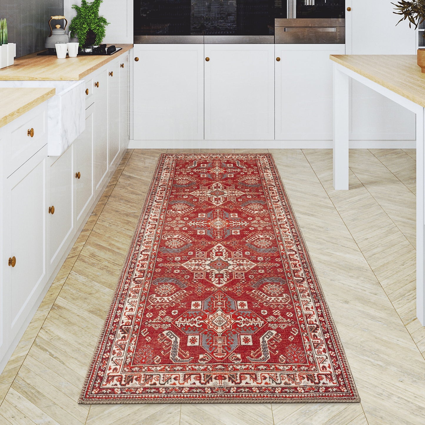 GLN Rugs Knossos - Machine Washable Area Rug - 2'6in x10' Turkish Vintage Rug - Red/Beige