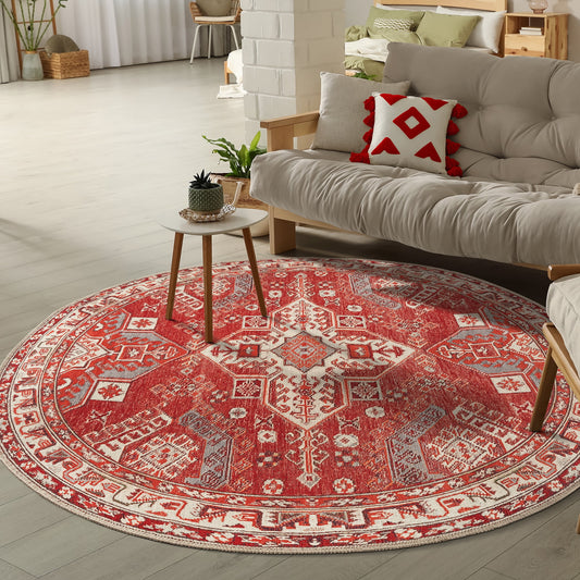 GLN Rugs Knossos - Machine Washable Area Rug - 5' Round Turkish Vintage Rug - Red/Beige